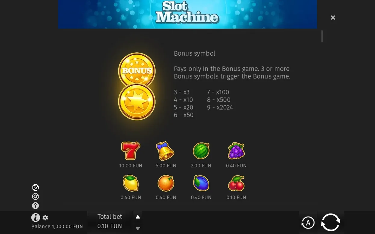 Paytable met Bonus symbol, ladder tot x2024, en fruitsymbolen: de 7 betaalt 10,00 FUN.